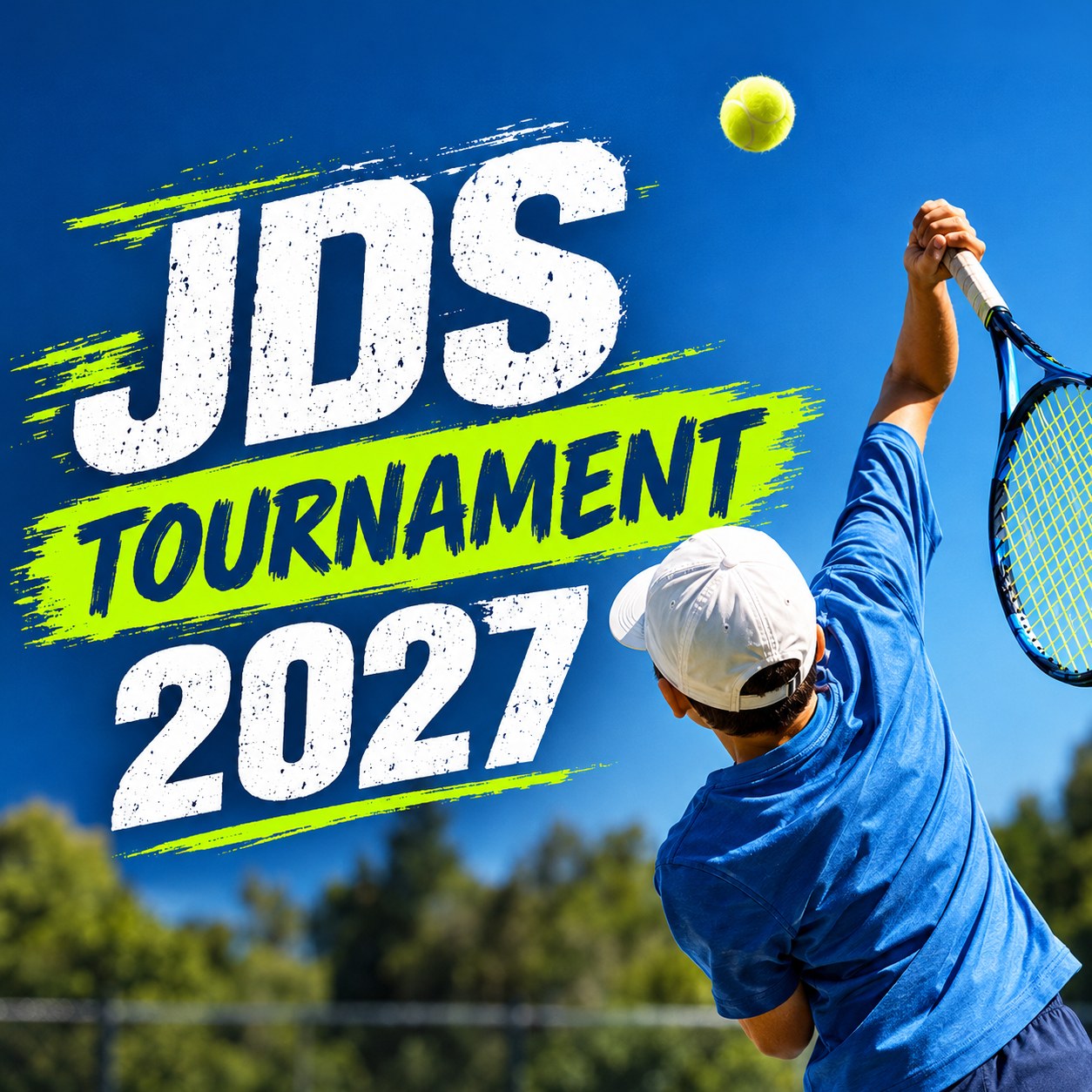 JDS Tournament 2027 — a junior player reaching up to serve against a clear blue sky