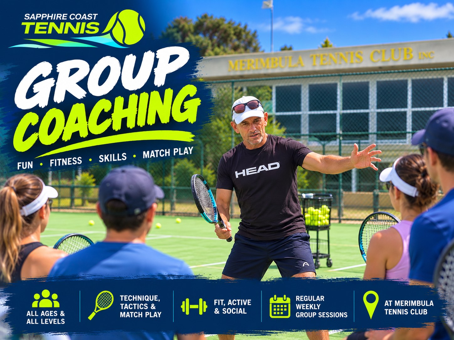 Group Coaching — Hans talking to a semi-circle of adult students on a Merimbula court, with the words Fun, Fitness, Skills, Match Play and All Ages & All Levels