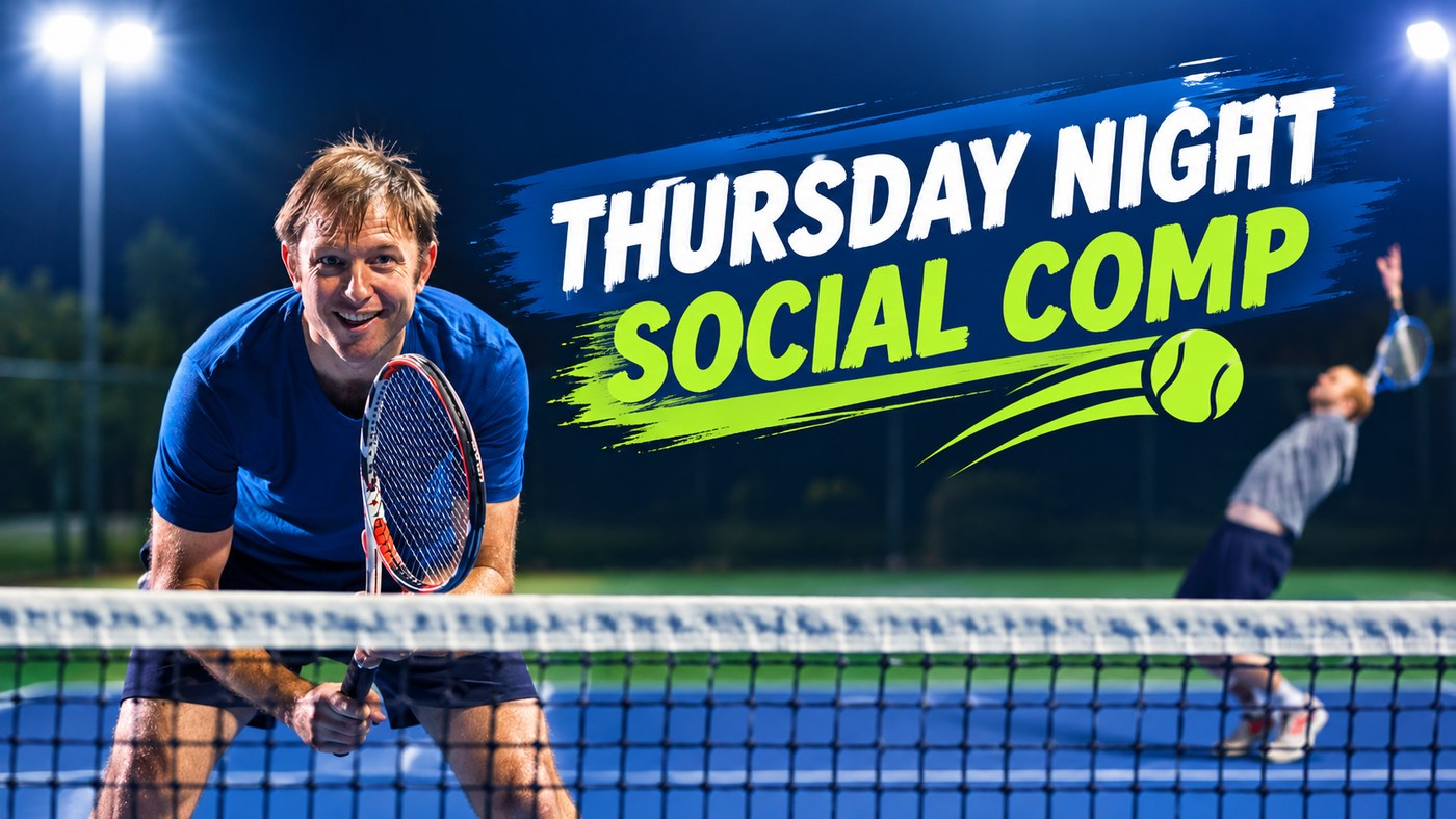 Thursday Night Social Comp — a smiling player behind the net on a floodlit court