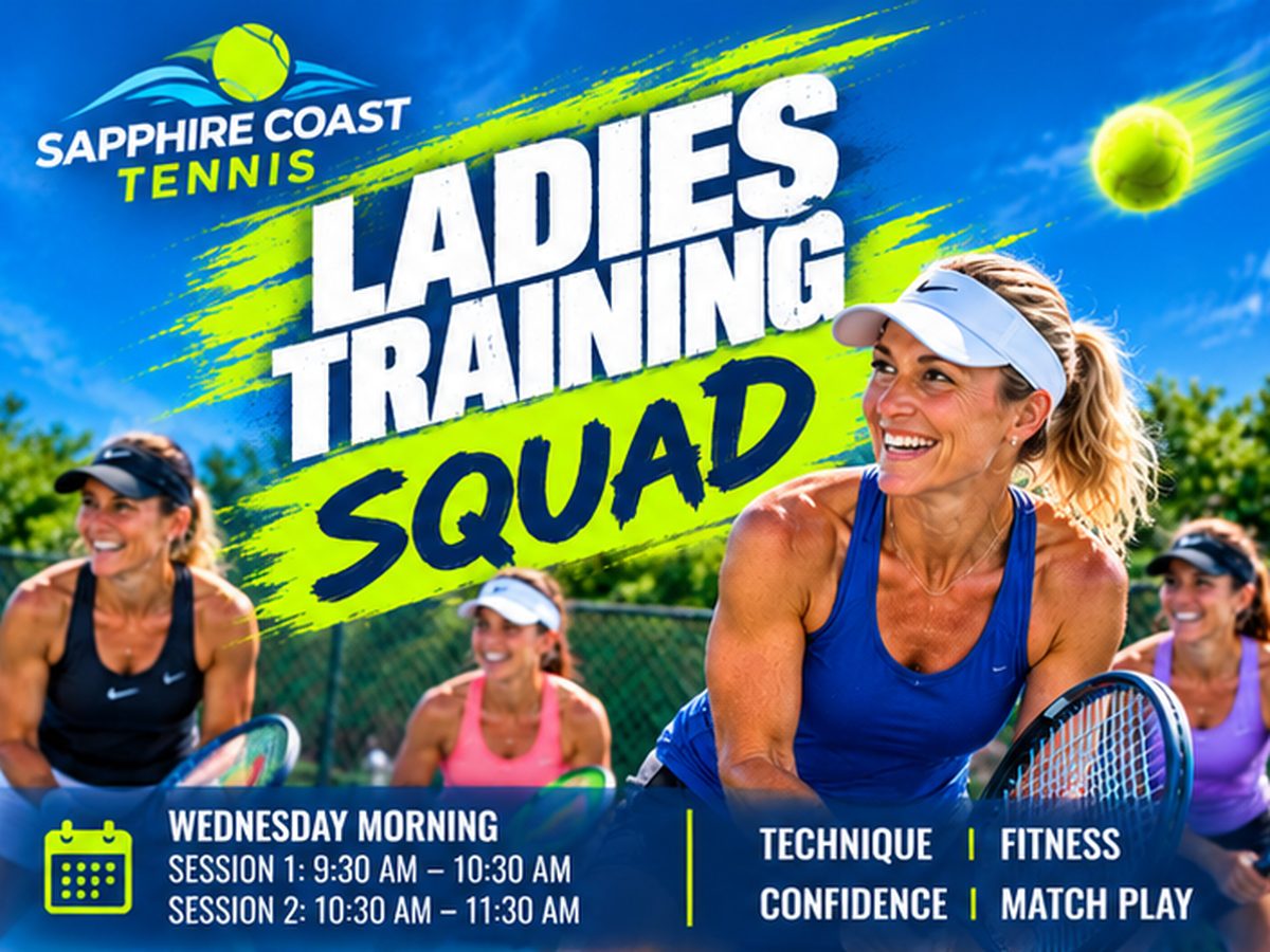 Ladies Training Squad — four players smiling on a blue court, with Wednesday morning session times