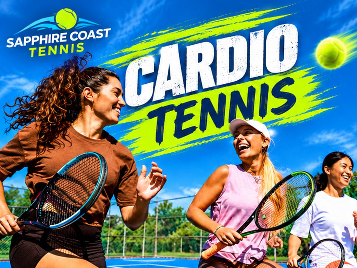 Cardio Tennis — three players running and laughing on a blue court